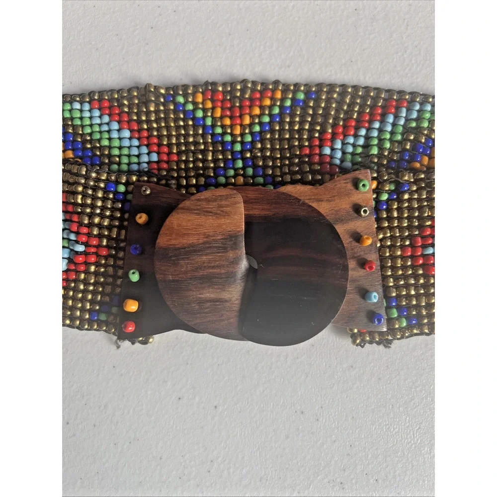 Mexican Handmade Beaded Stretch Belt Boho tribal southwest Bead Wood Buckle
